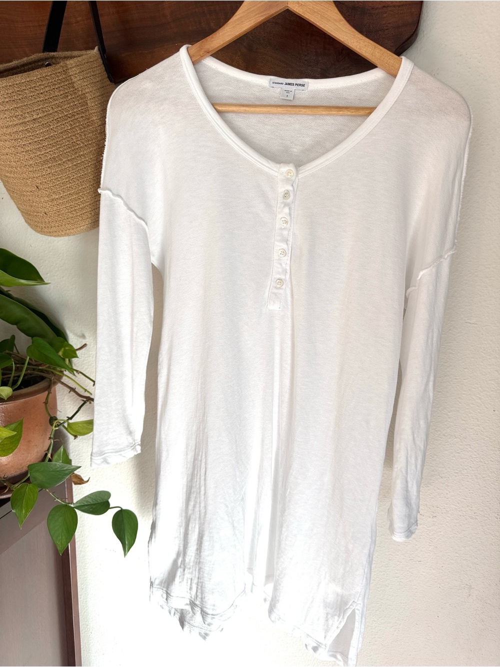 James Perse White Henley Tee Made in USA Sz 1 (small)